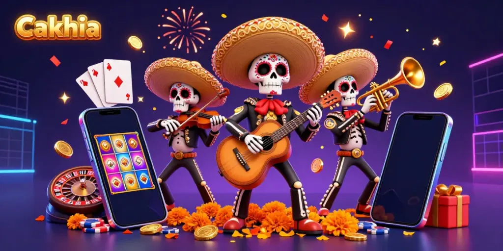 Cakhia enhances the gaming experience with vibrant mariachi skeletons celebrating around a lively casino scene.