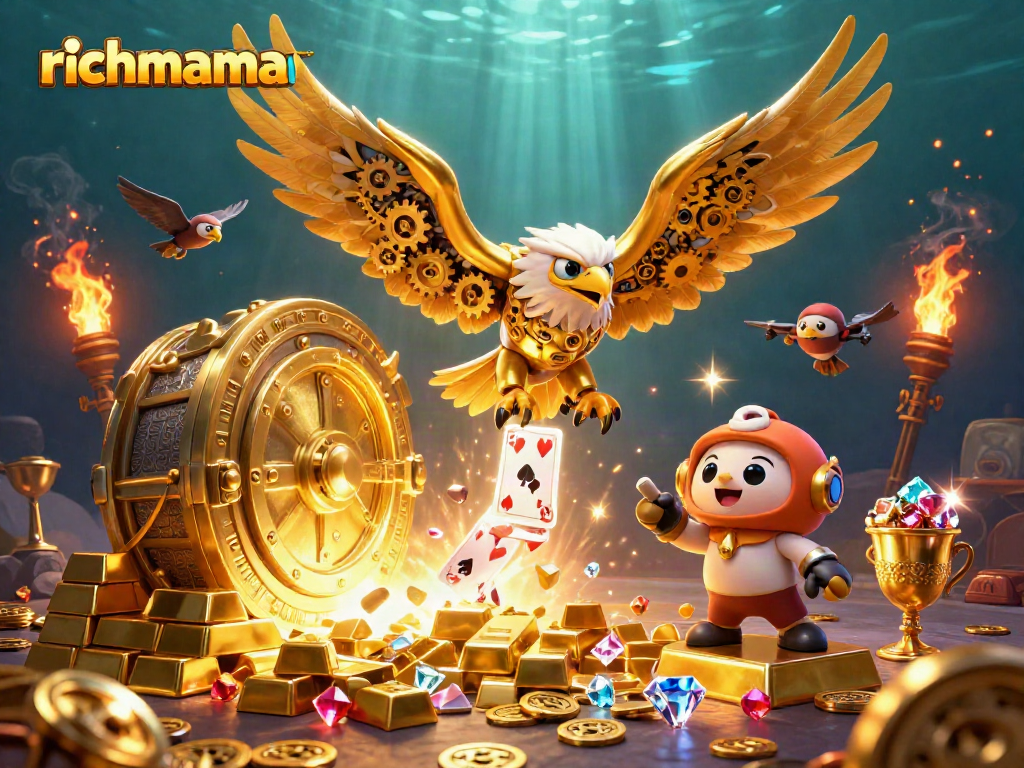 richmama's thrilling cartoon eagle dives into a vibrant casino scene full of winnings