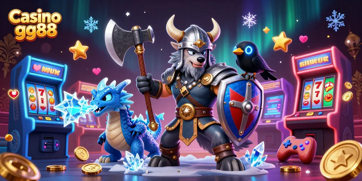 Casino gg88 showcases a vibrant Viking scene with gaming elements including slot reels and colorful arcade machines.
