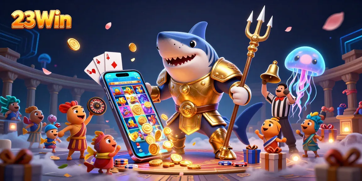Engage with the thrilling slot games at 23Win featuring a 3D tiger shark in a vibrant casino scene.