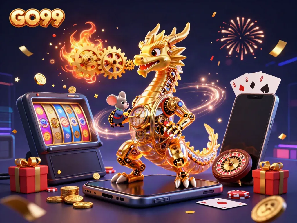 Experience thrilling wins with GO99's epic 3D casino scene featuring a golden dragon and action-packed slot games.