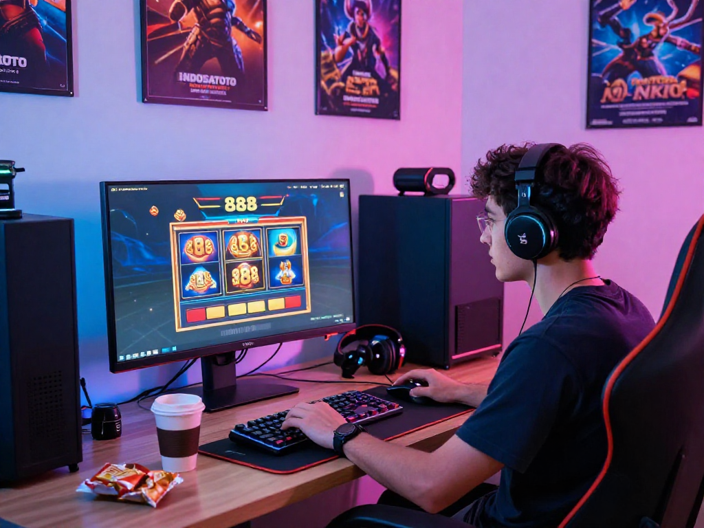 INDOSATOTO platform dalam suasana bermain game online yang menyenangkan dengan gamer di depan monitor besar dan perlengkapan gaming modern.