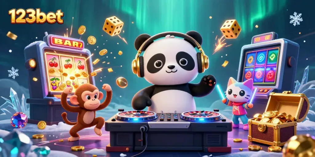 Experience the vibrant excitement of 123bet with DJ panda and friends in a lively casino scene.