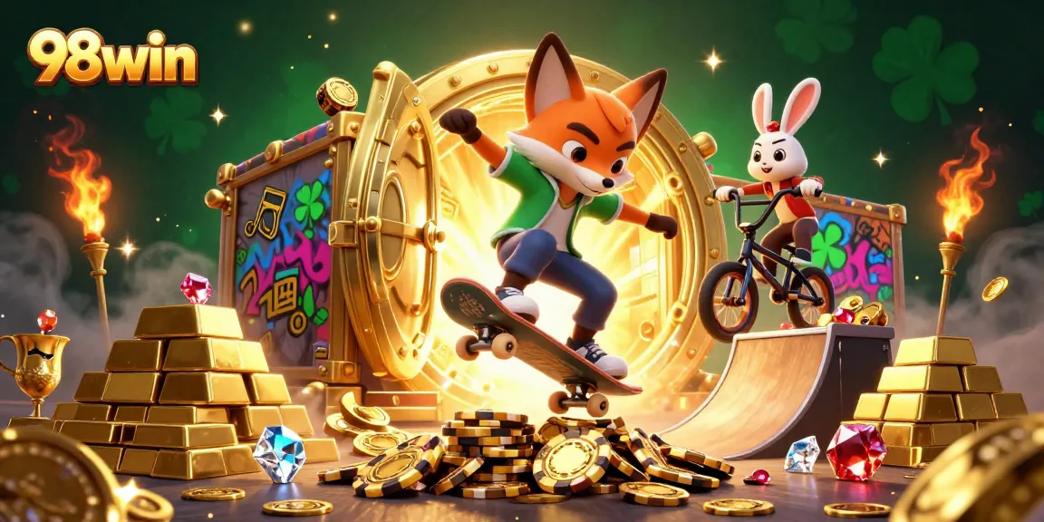 Engage in thrilling play with 98win as a 3D fox skateboarder performs tricks over golden poker chips.