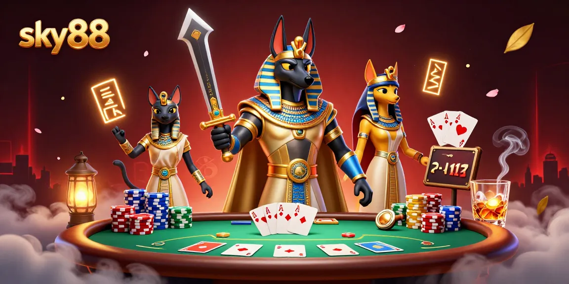 Experience high-stakes poker at sky88 with rich visuals of Anubis and Bastet amidst chips and cards.