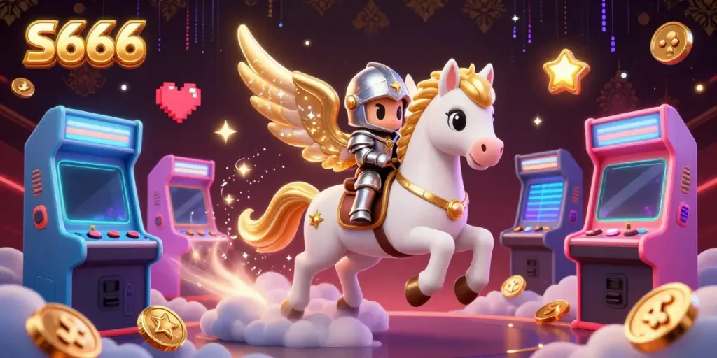 S666 delivers an enchanting gaming experience with a magical white horse and knight amidst vibrant 3D casino elements.