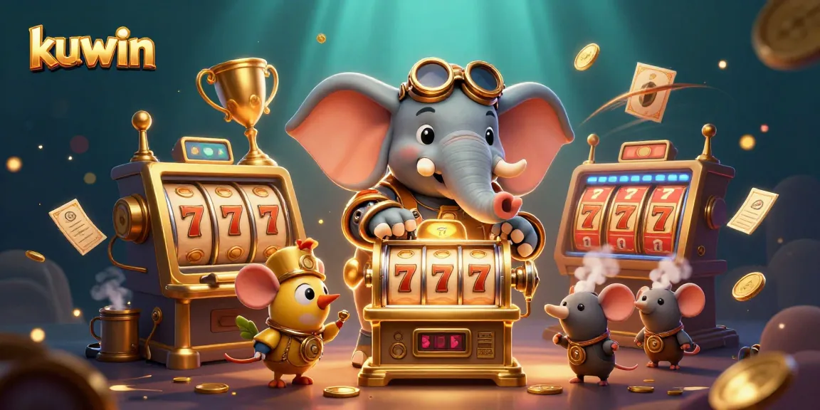 Kuwin's vibrant online casino features a steampunk elephant mastering a golden slot machine amidst dynamic gaming elements.