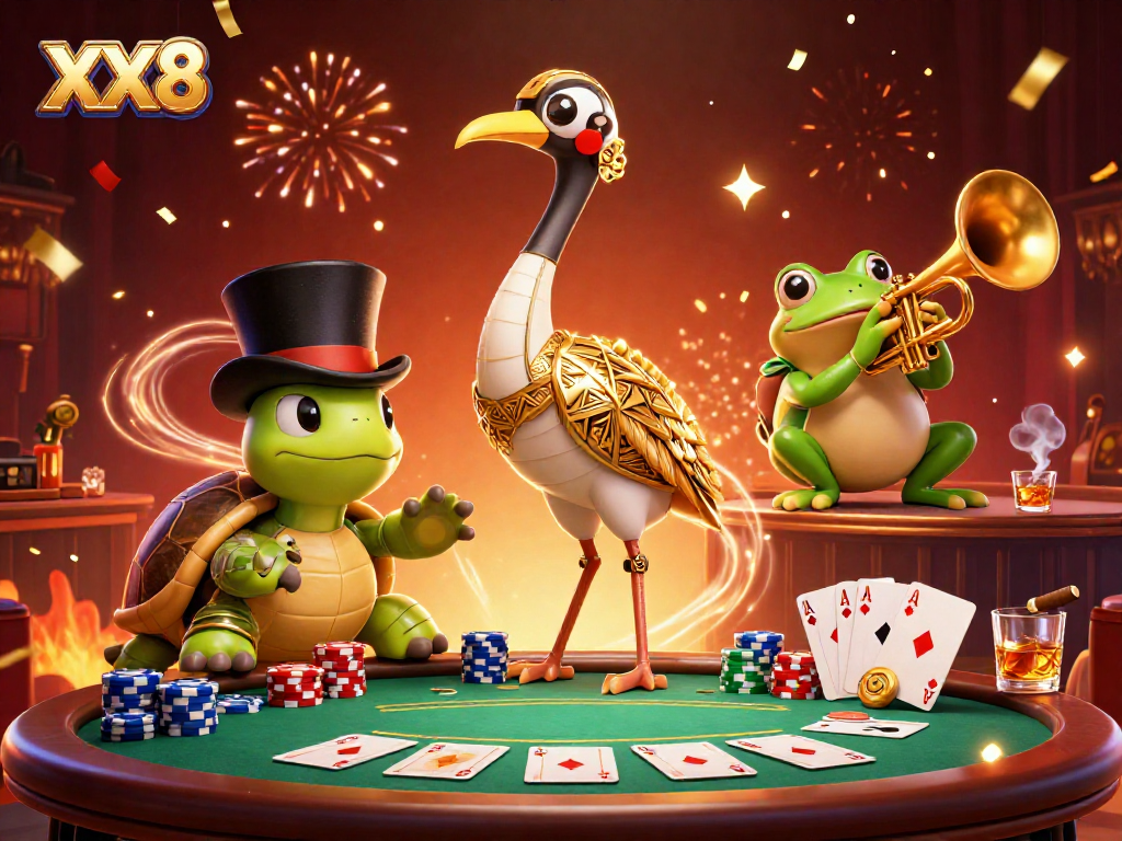 Experience fun at XX8 with dynamic characters and poker elements in a vibrant speakeasy scene.