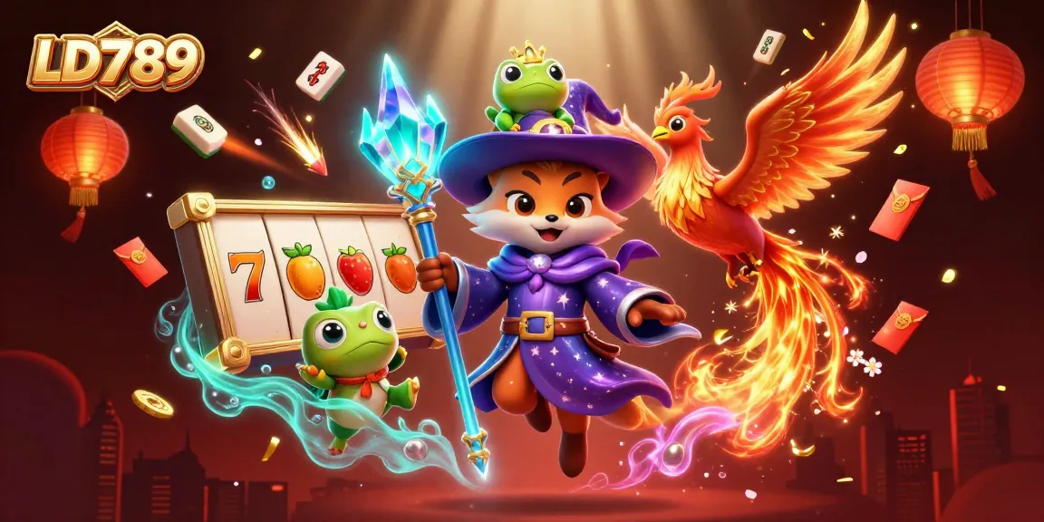 Engage with LD789 to win big in this vibrant casino-themed 3D illustration featuring magical elements.