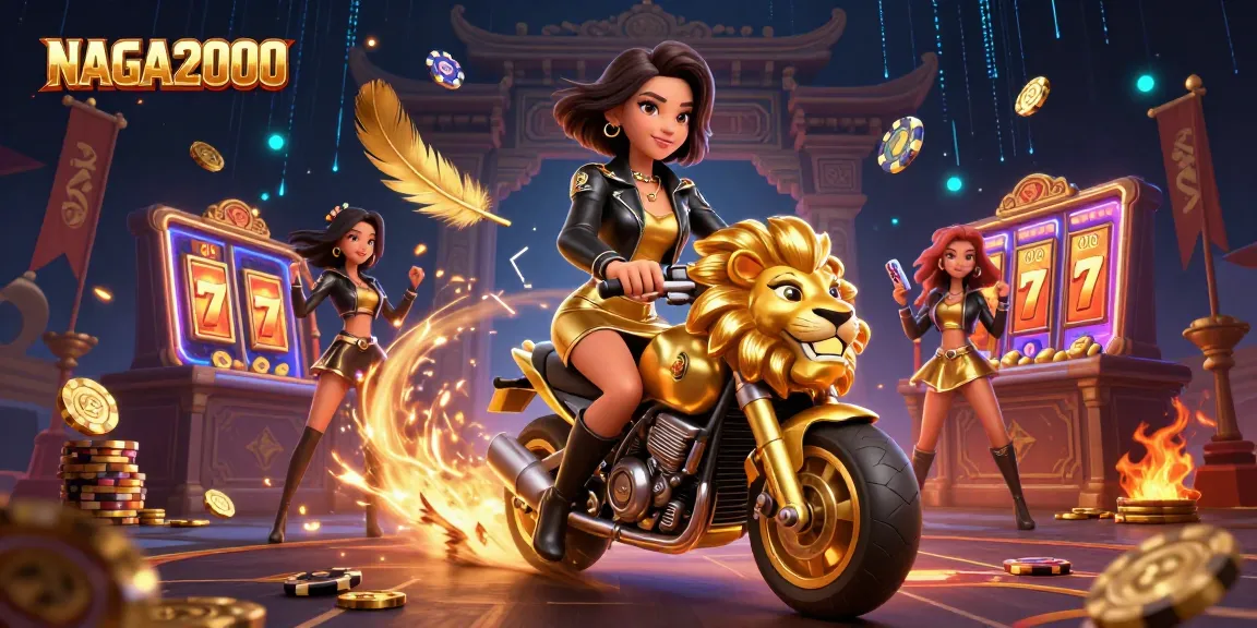 NAGA2000 menawarkan pengalaman permainan slot yang mendebarkan saat seorang wanita glamor menunggangi maskot singa emas di tengah elemen kasino yang dinamis.