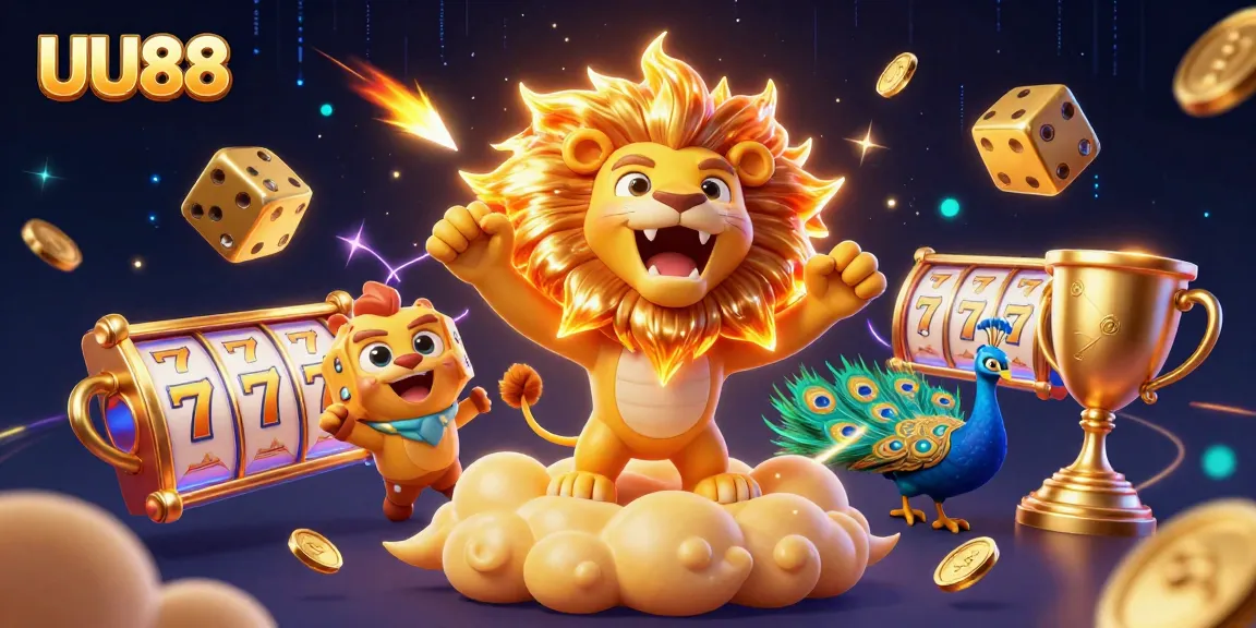 Join the thrilling experience at UU88, featuring vibrant casino elements with a roaring sun lion and jackpot excitement.