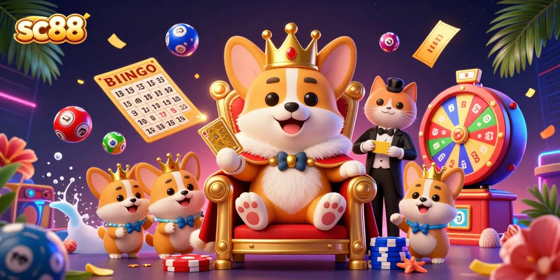 Engage with sc88 in a vibrant casino scene featuring a royal corgi and dynamic game elements.