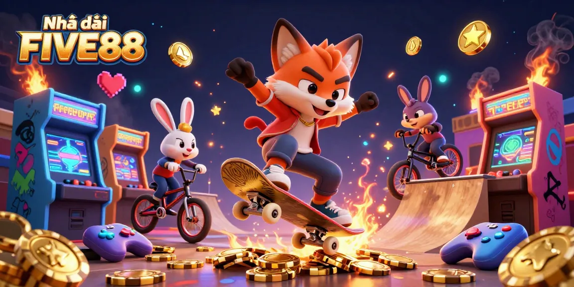 Engage with Nhà cái FIVE88 in this vibrant 3D cartoon scene featuring gaming and casino elements.