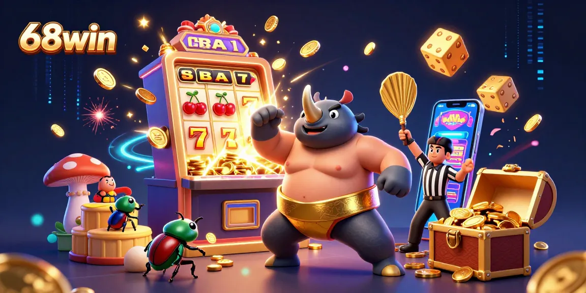 Experience thrilling gameplay with 68win's vibrant slot machine and dynamic characters sharing the excitement of online casino fun.