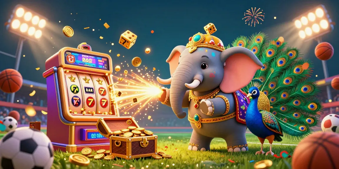 Engage with keobongda's thrilling sports betting scene, featuring a vibrant Diwali-themed elephant and dynamic casino elements.