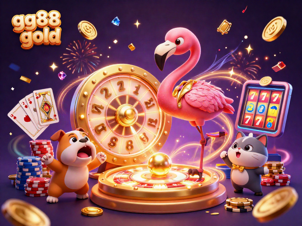 Spin the golden wheel and win big with gg88 gold at this lively casino scene featuring cartoon characters and dazzling prizes.
