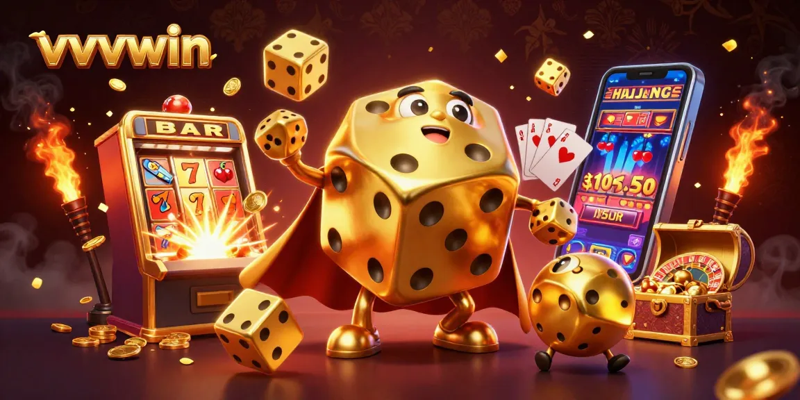 Experience thrilling wins at vvvwin with a dynamic 3D gaming illustration featuring golden dice and jackpot excitement.