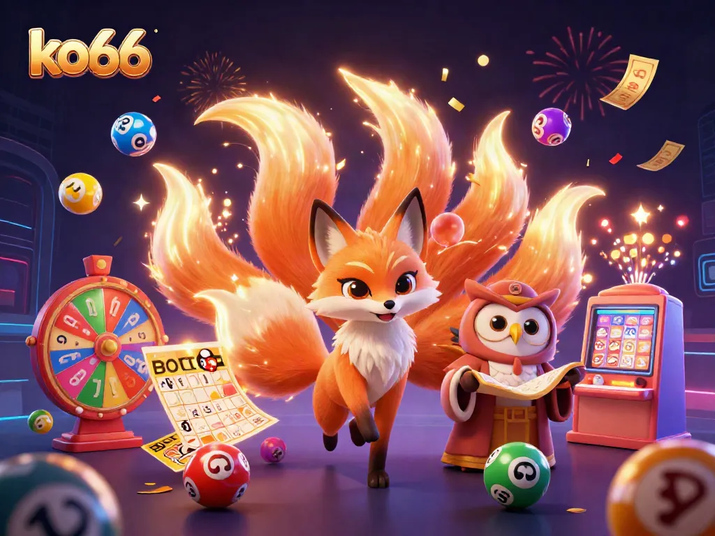 Experience the vibrant world of KO66 with a lively nine-tailed fox and wise owl amidst a dynamic casino scene.