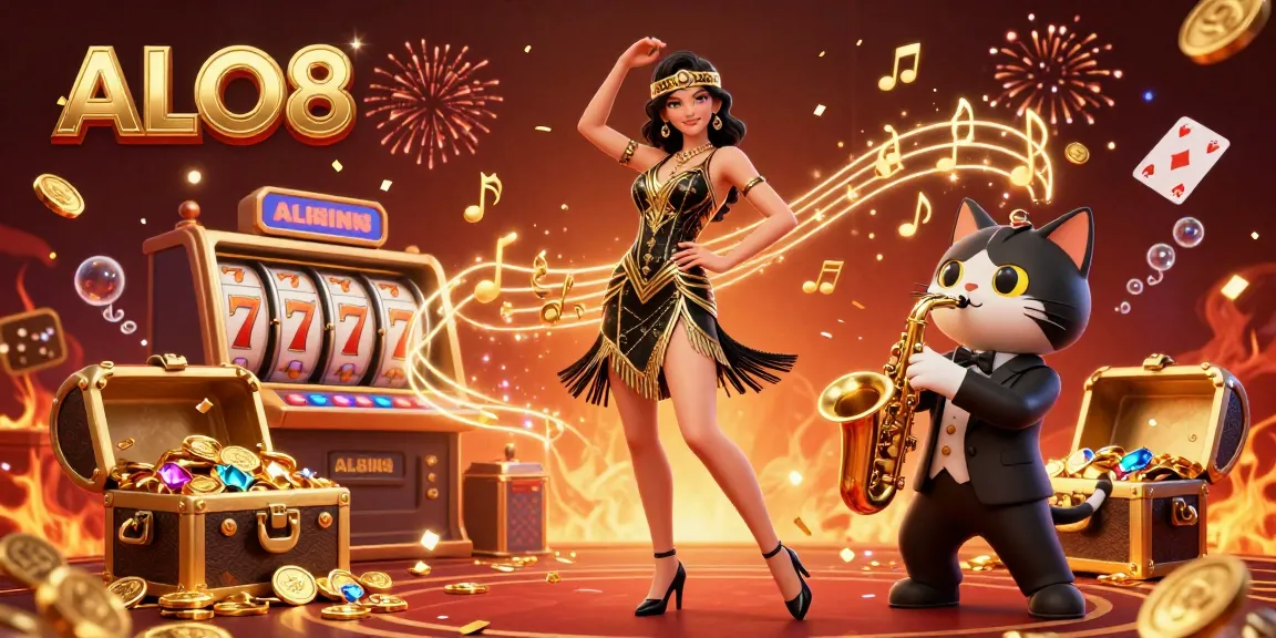 Experience the thrill of ALO8 with a dynamic illustration showcasing a flapper and a saxophone-playing cat in a vibrant casino scene.