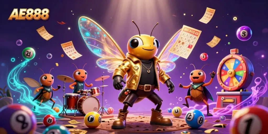 Engage with AE888's vibrant casino world featuring energetic characters and thrilling elements.
