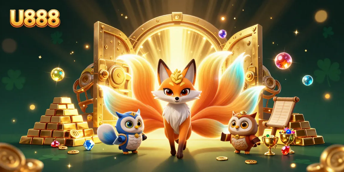 Engage with U888's vibrant gaming world, featuring lively characters and golden treasures in a colorful casino illustration.