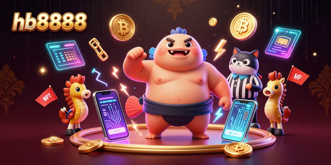Engage with hb8888's thrilling gaming scene featuring a fugu in a sumo belt and crypto elements swirling around.