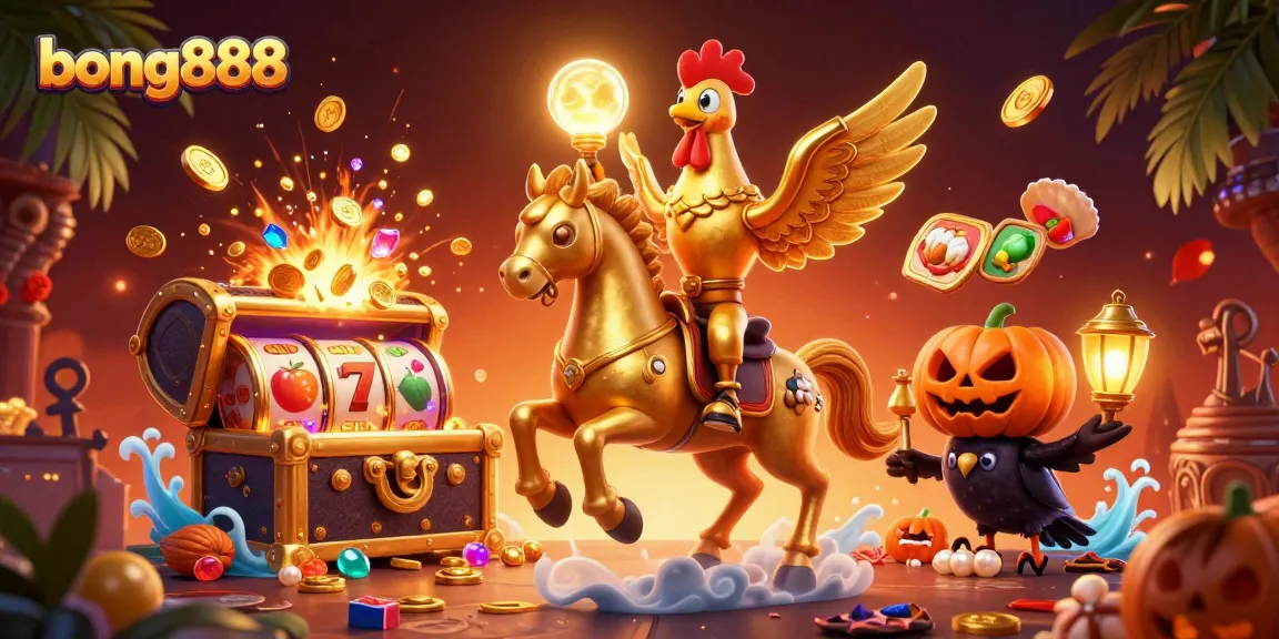 Engage in thrilling gameplay at bong888 with golden rooster, spectral horse, and vibrant casino elements.