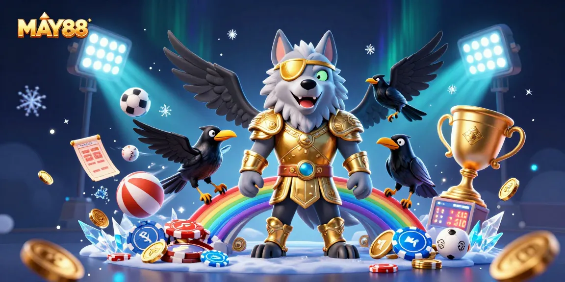 MAY88 engages players with a stunning 3D scene featuring mythic characters and dynamic sports elements.