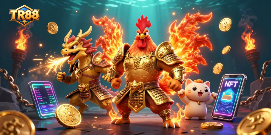 Play big at TR88 with a powerful rooster warrior and a fierce dragon in an electrifying casino scene.