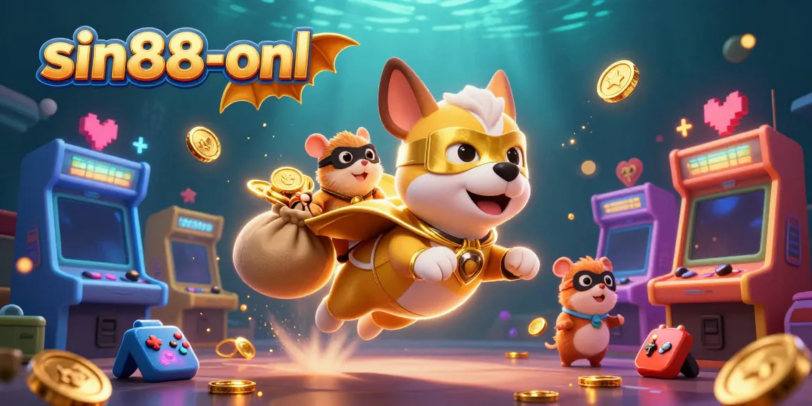 Win big with sin88-onl as a colorful 3D cartoon dog superhero and hamster carry gold coins.