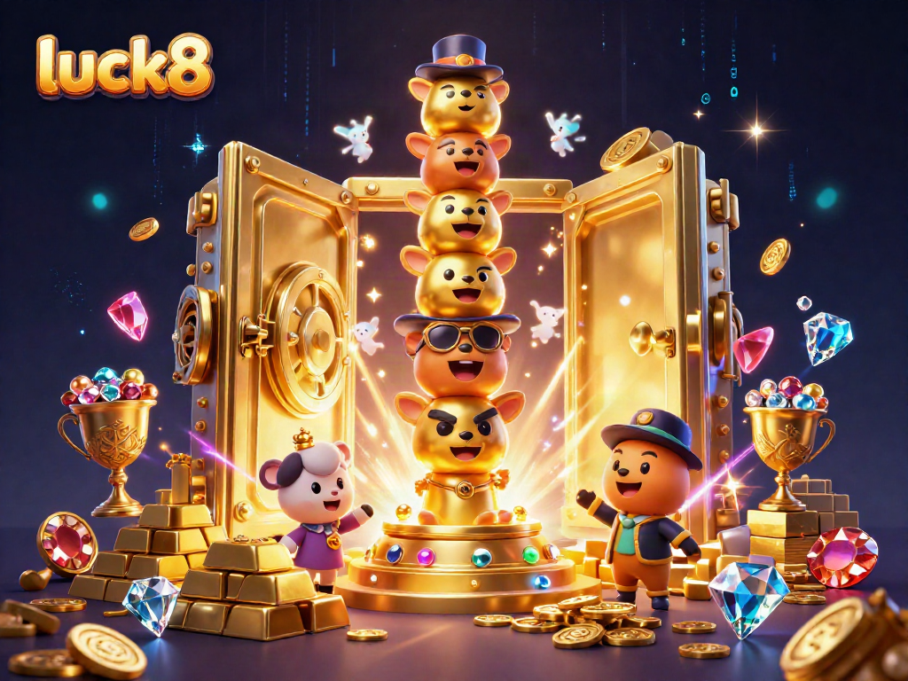 Spin & win at luck8, featuring vibrant 3D totem pole and treasure bursting with gold.