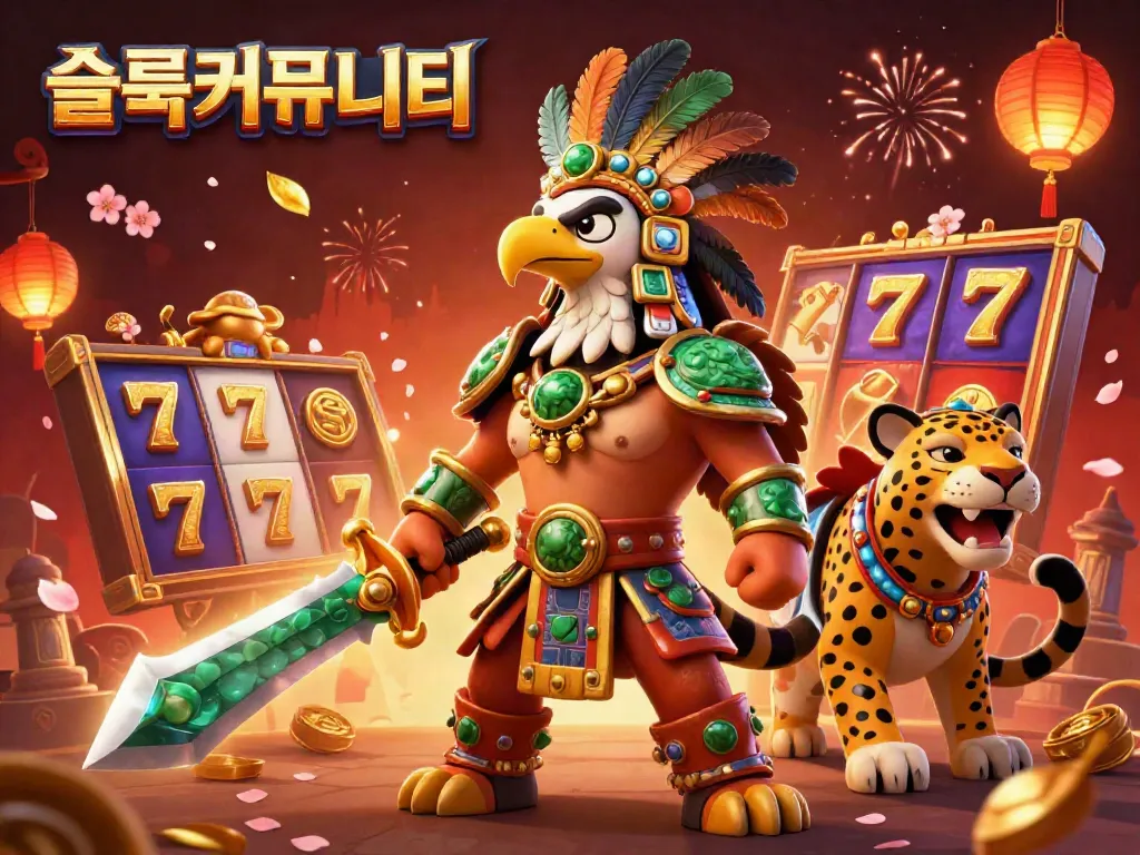 Experience the vibrant world of 슬롯커뮤니티 with dynamic slot reels, colorful characters, and festive elements.