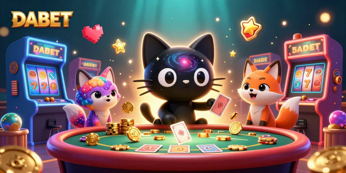 DABET offers thrilling casino gameplay, showcasing a dynamic cosmic casino scene with a black hole cat and colorful elements.