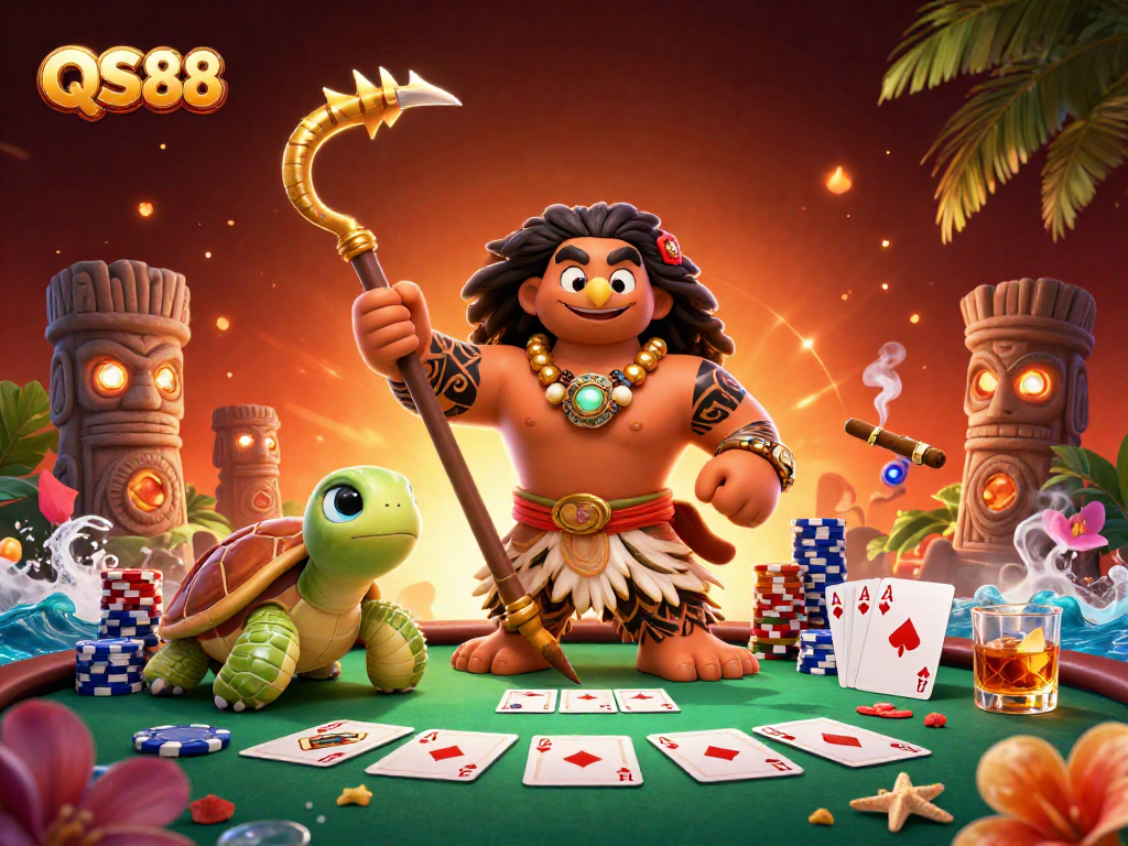 Join the excitement at QS88 with our Polynesian-themed casino illustration featuring vibrant gaming elements.