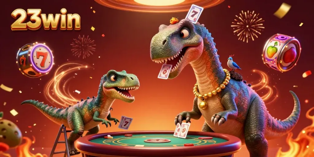 Experience thrilling moments at 23win with a playful brontosaurus as a card dealer and vibrant slot elements.