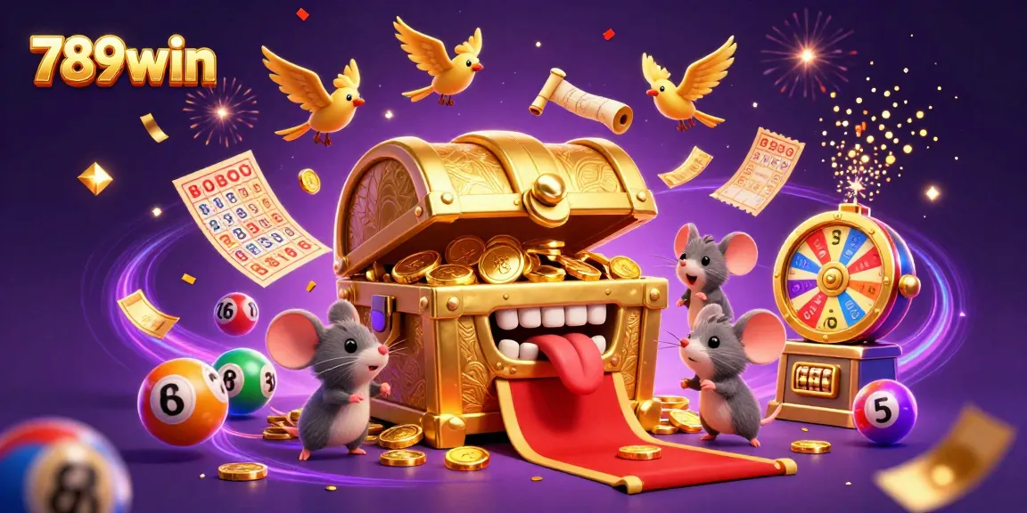 Engage with 789win's vibrant casino world featuring a treasure chest and lottery elements.