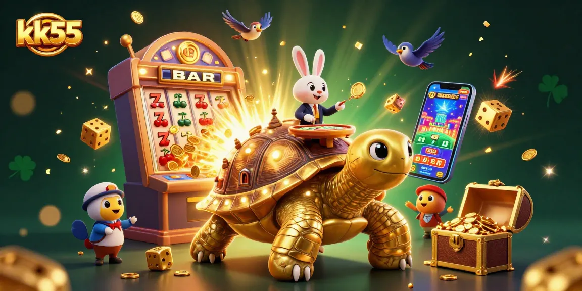 Experience excitement at kk55 with a vibrant casino illustration featuring a golden tortoise and a rabbit dealer.