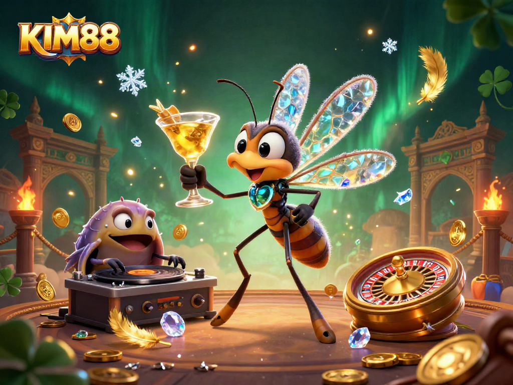 KIM88 showcases a vibrant 3D casino scene with a frozen mosquito mascot and ancient elements.