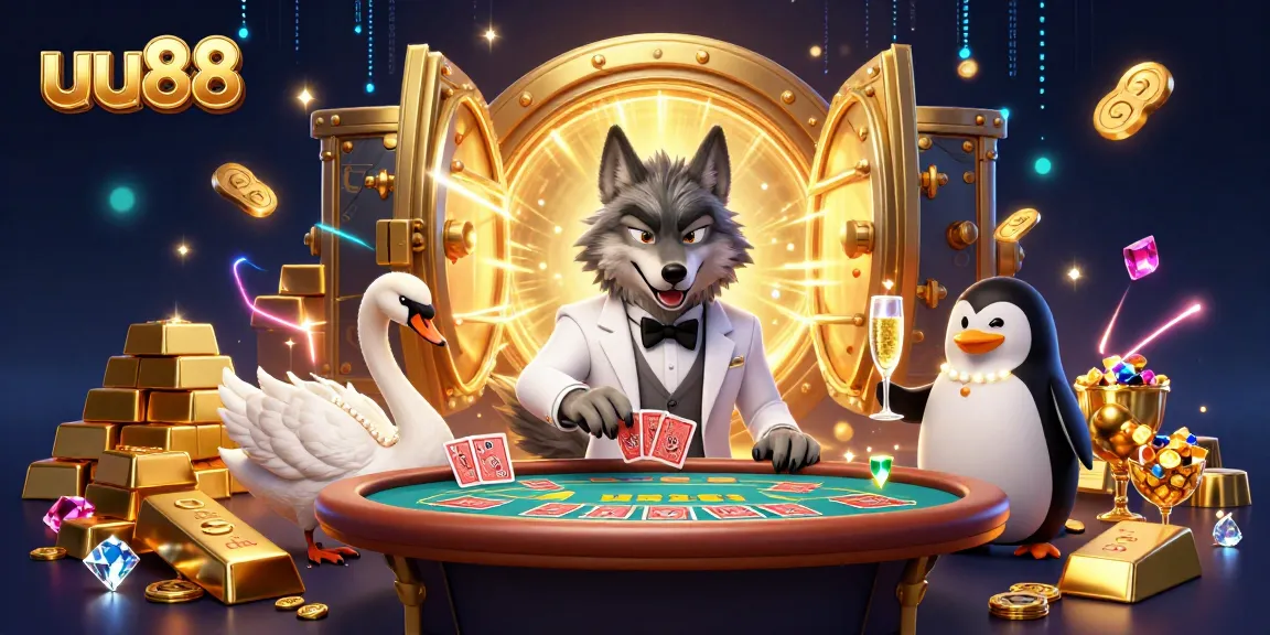 Experience the excitement of uu88's baccarat table with a debonair wolf, elegant swan, and penguin sommelier.