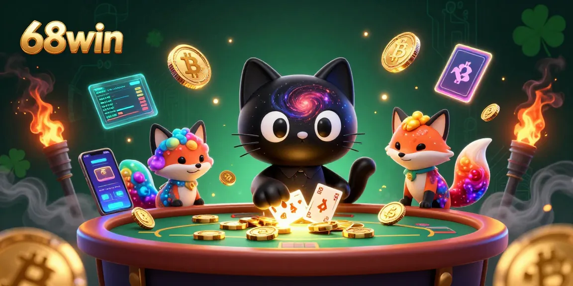 Engage in thrilling gameplay at 68win, showcasing a cosmic casino scene filled with vibrant characters and crypto elements.