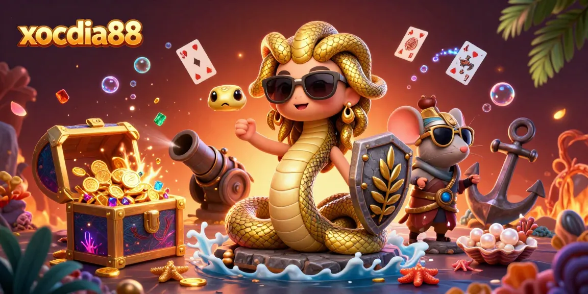 Engage with xocdia88 as Medusa and a warrior mouse celebrate with gold coins and gems.