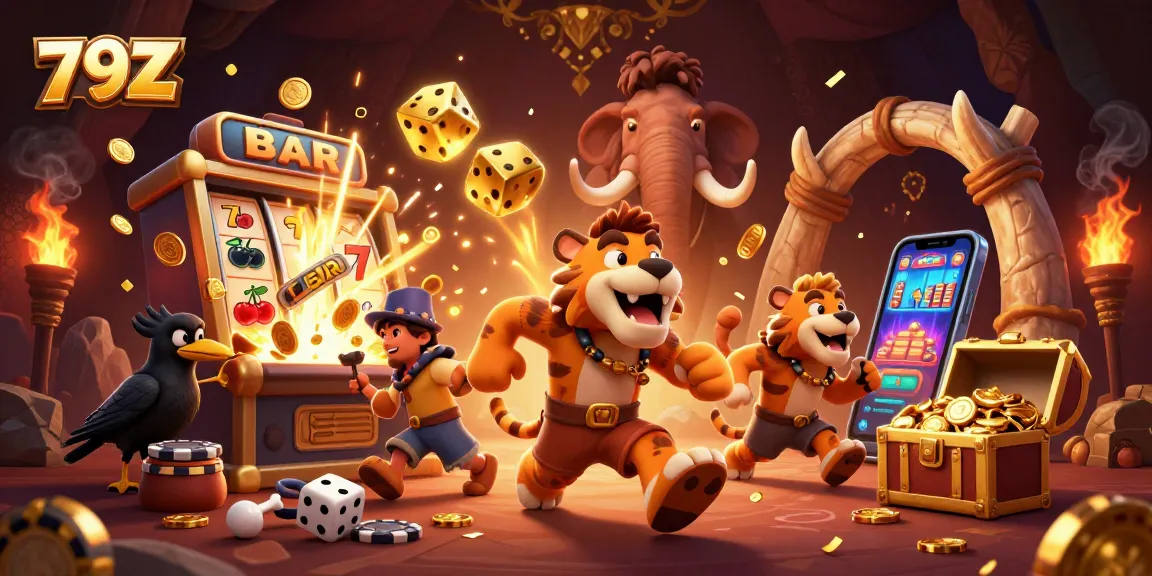 Engage in thrilling gambling action with 79Z's creative casino scene featuring animated characters and games.