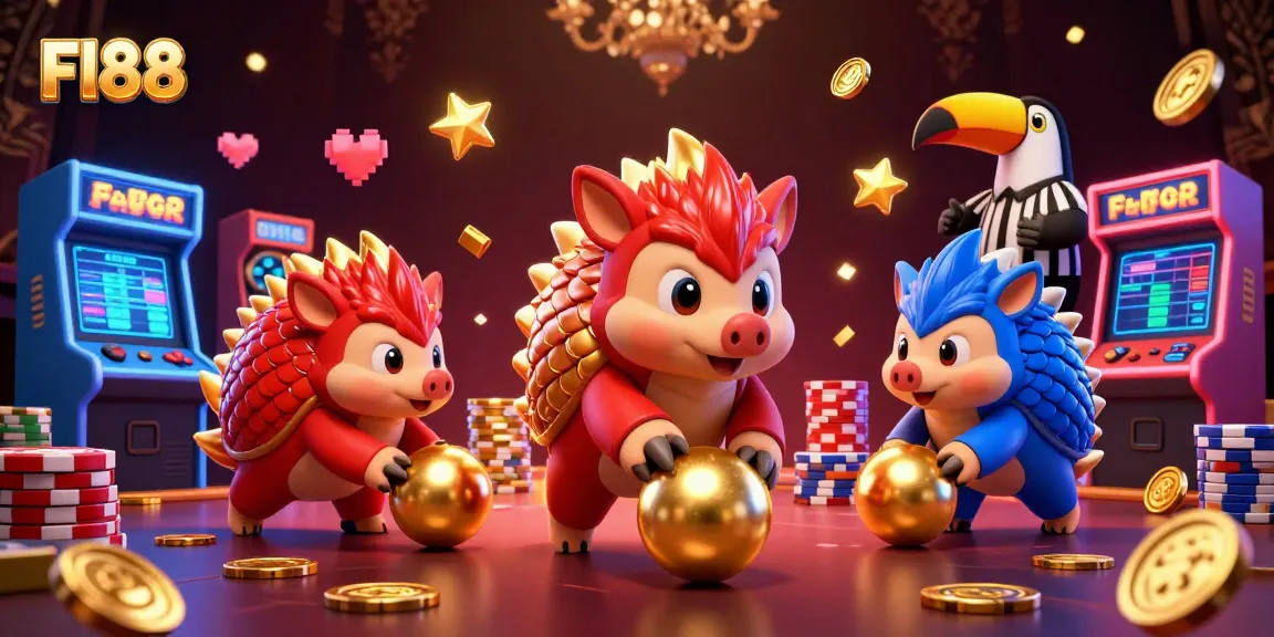 Fl88 inspired pangolins bowling through poker chips in a vibrant casino environment.