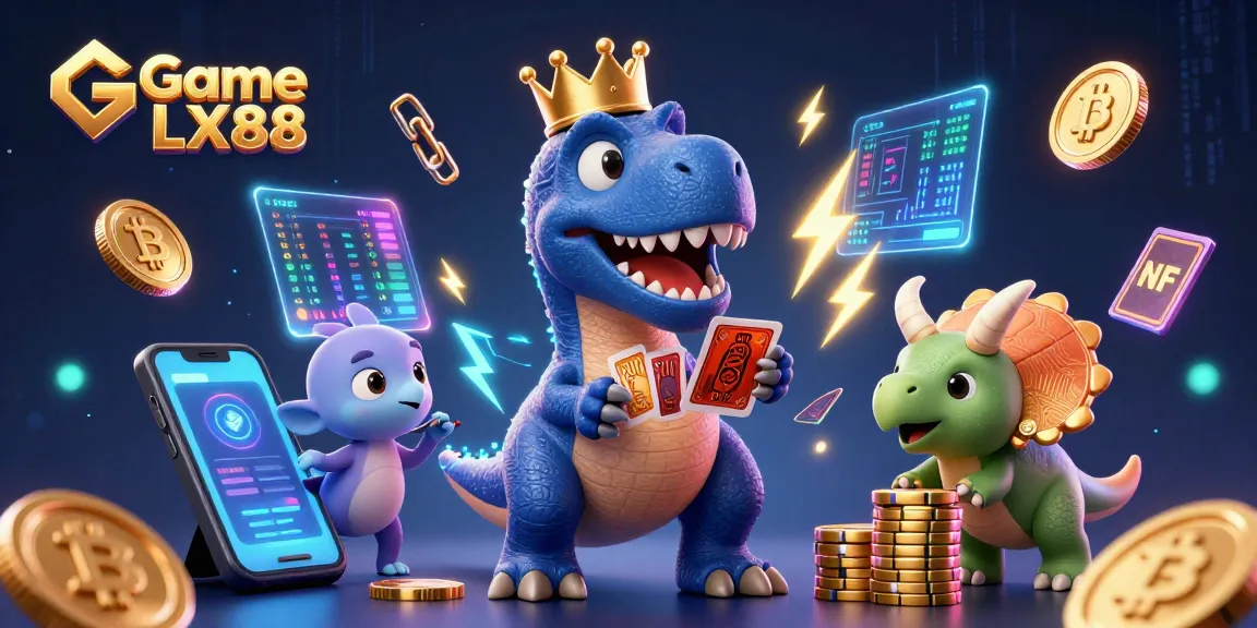 Engage with Game LX88's vibrant casino scene featuring a fun T-Rex and friends amidst glowing crypto coins.