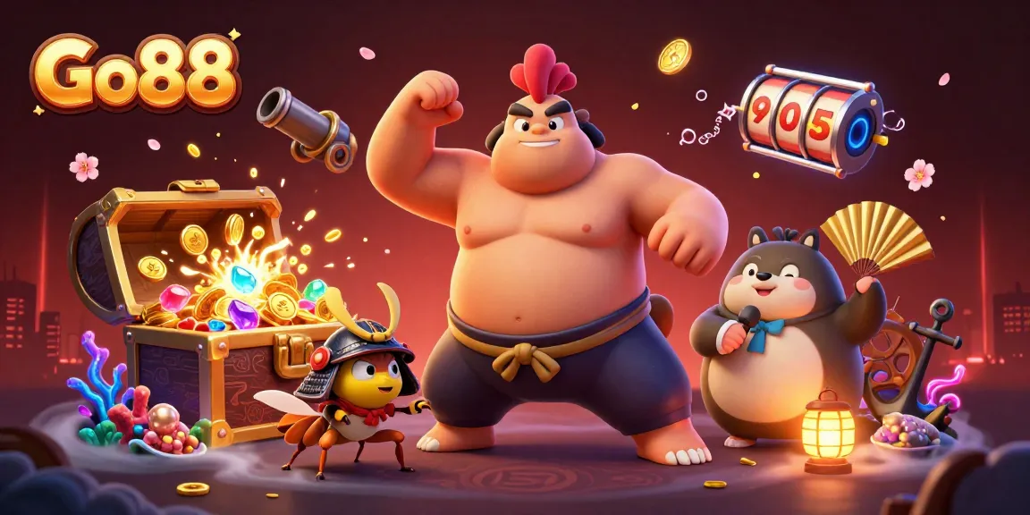 Engage in exciting gameplay with Go88's vibrant scene featuring dynamic characters and casino elements.