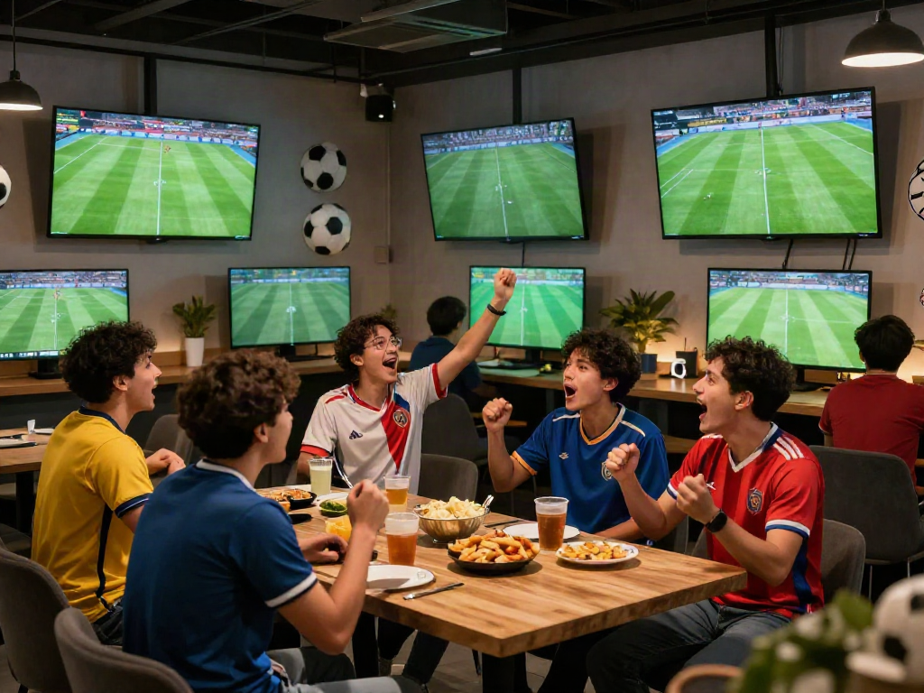 Excited fans enjoying Socolive live football in a vibrant sports lounge atmosphere.
