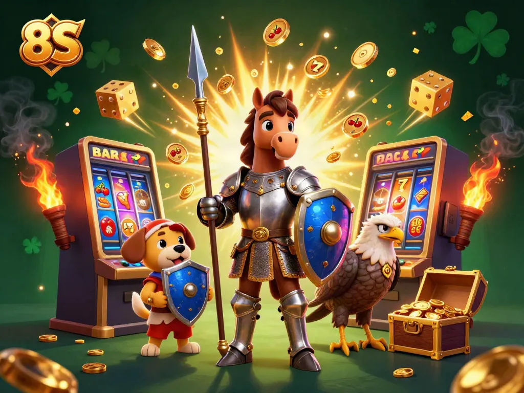 Experience the thrill of 8S with a knight and puppy amidst a jackpot explosion and vibrant casino elements.