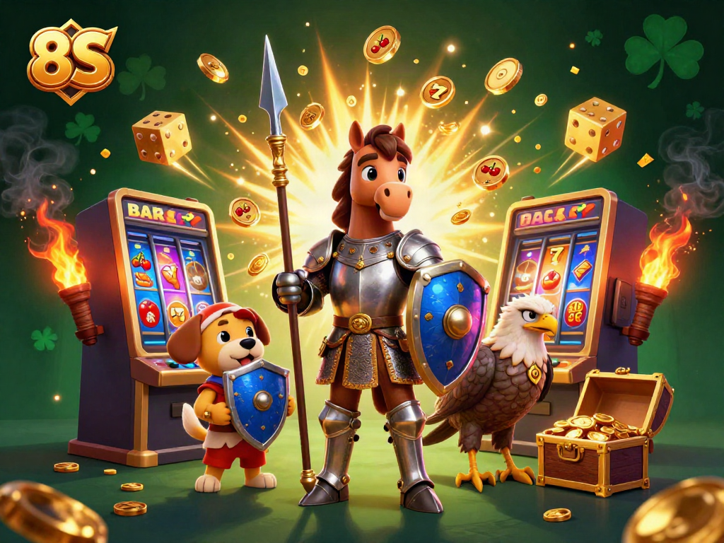 Experience the thrill of 8S with a knight and puppy amidst a jackpot explosion and vibrant casino elements.