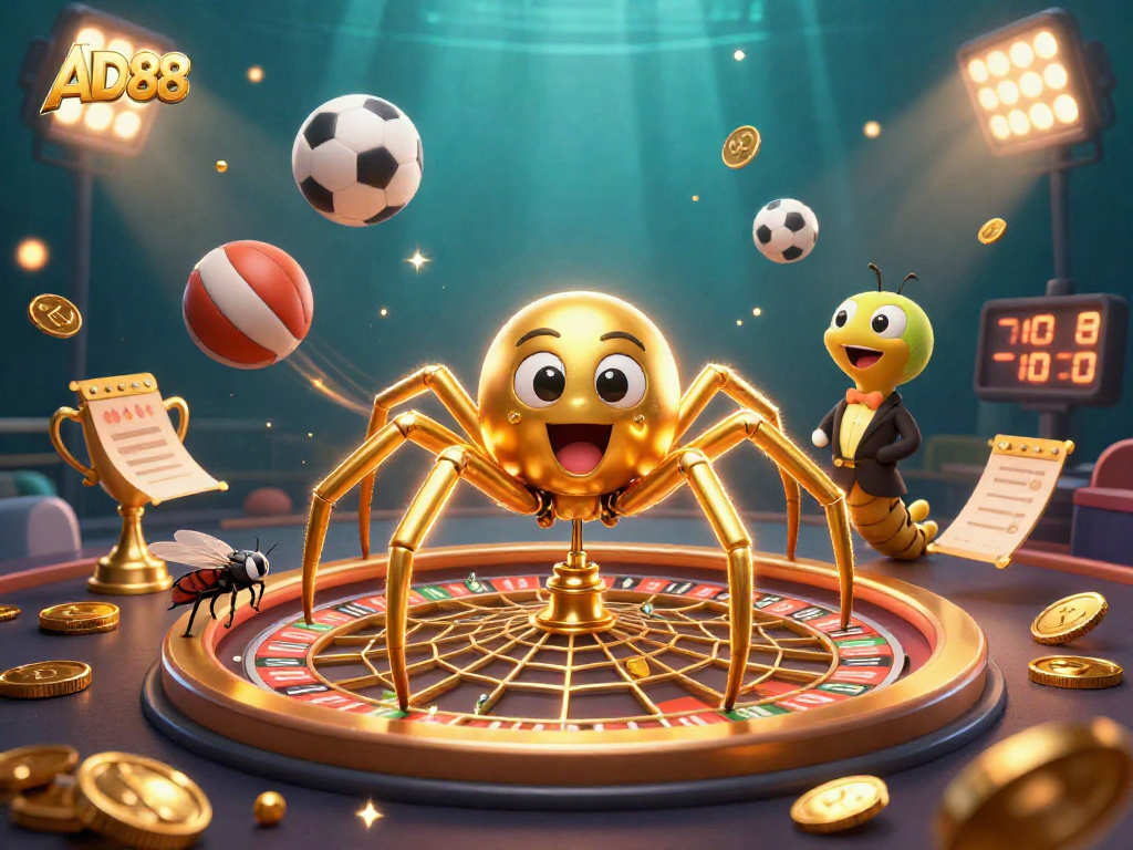 AD88 delivers high-energy gaming with a 3D spider and croupier spinning bets in vibrant casino art.