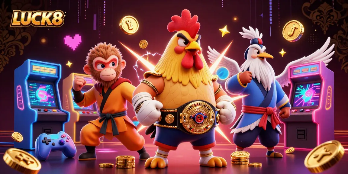 LUCK8 roosters clash in combat amidst vibrant casino arcade elements, showcasing excitement.